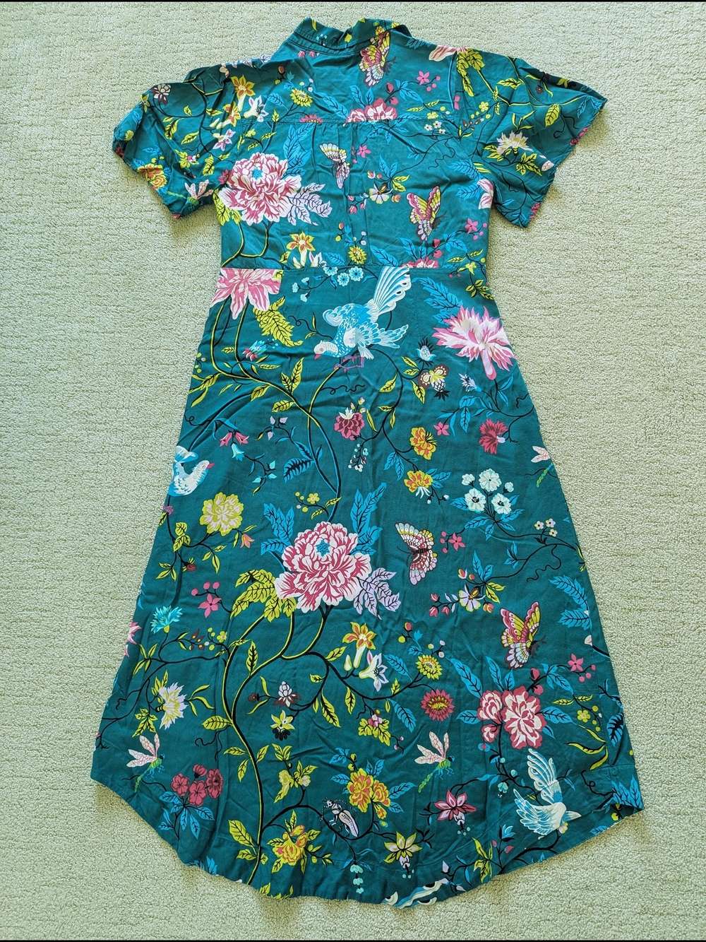 Maeve Anthropologie Button Front Shirt Dress 14 Green Floral Bird V-neck Slit - Picture 4 of 15